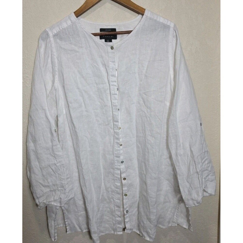 Tahari White 100% Linen Button Front Roll Tab Sleeve Tunic Blouse Plus Size 1X